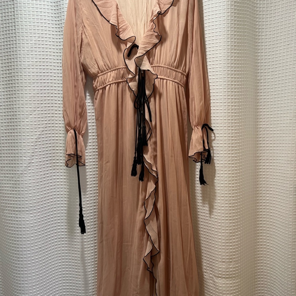 Zara Ruffled Tan Dress with Black Accents